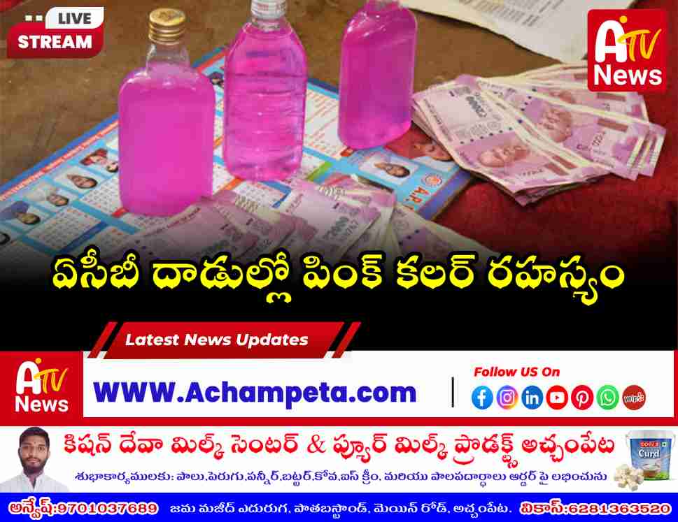 ACB phenolphthalein chemical test pink solution in glass bottle with currency notes