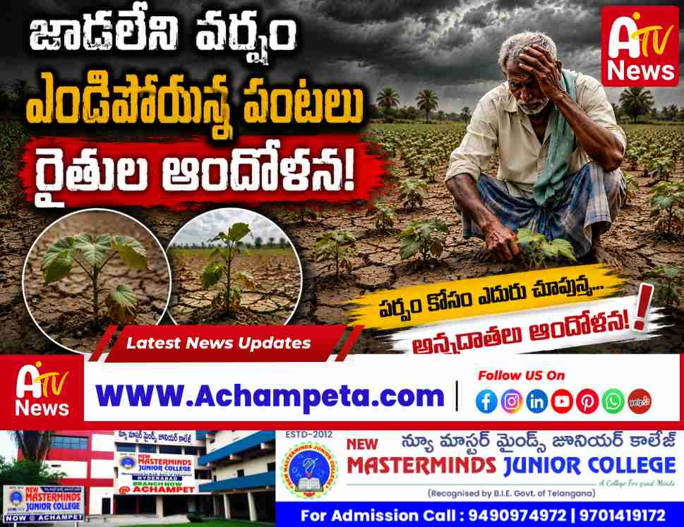 A dry agricultural field under a hot sun in Nagarkurnool district as farmers wait for monsoon rains during a severe dry spell.